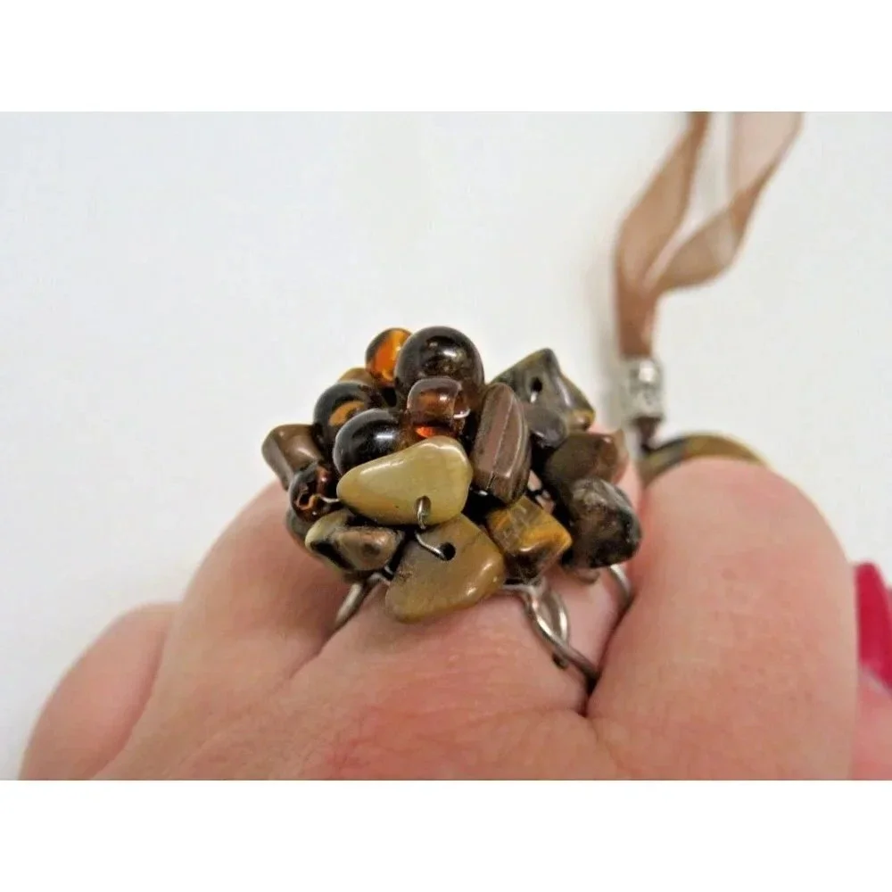 Tiger's Eye Necklace & Ring Set Striped Stone Beaded  Adjustable Ribbon - Picture 7 of 10